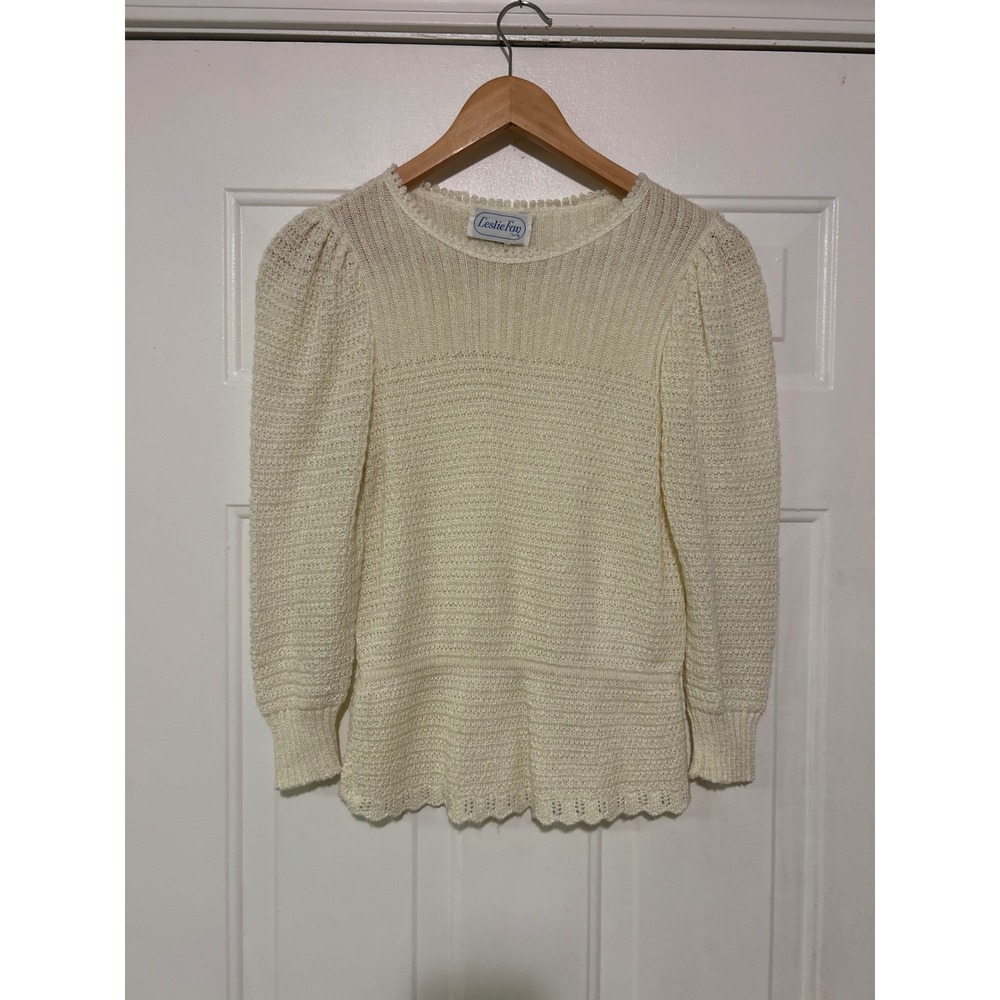 Vintage Leslie Fay Cream Sweater Womens 6 Knit Puff Sleeve Top Scalloped Hem